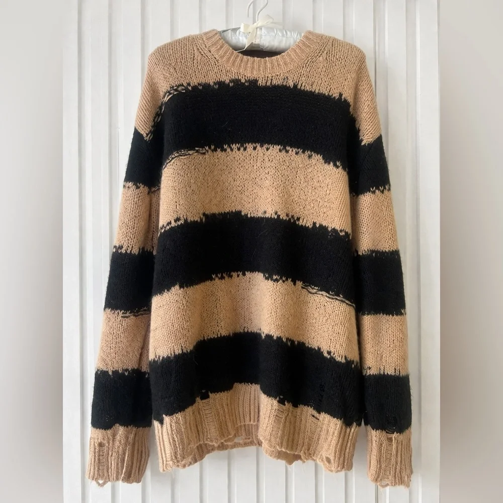 ACNE STUDIO Striped Distressed Crewneck beige black Sweater large
